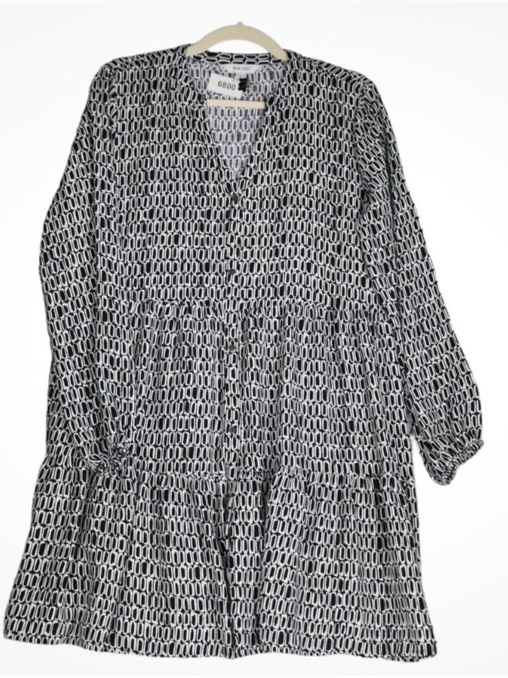 Nine West Black and White Geometric Long-Sleeve Tiered Dress (0001)